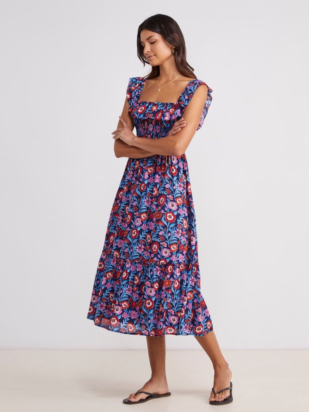 Vineyard Vines Tisbury Floral Smocked Midi Dress Size Large Garden Party Brunch